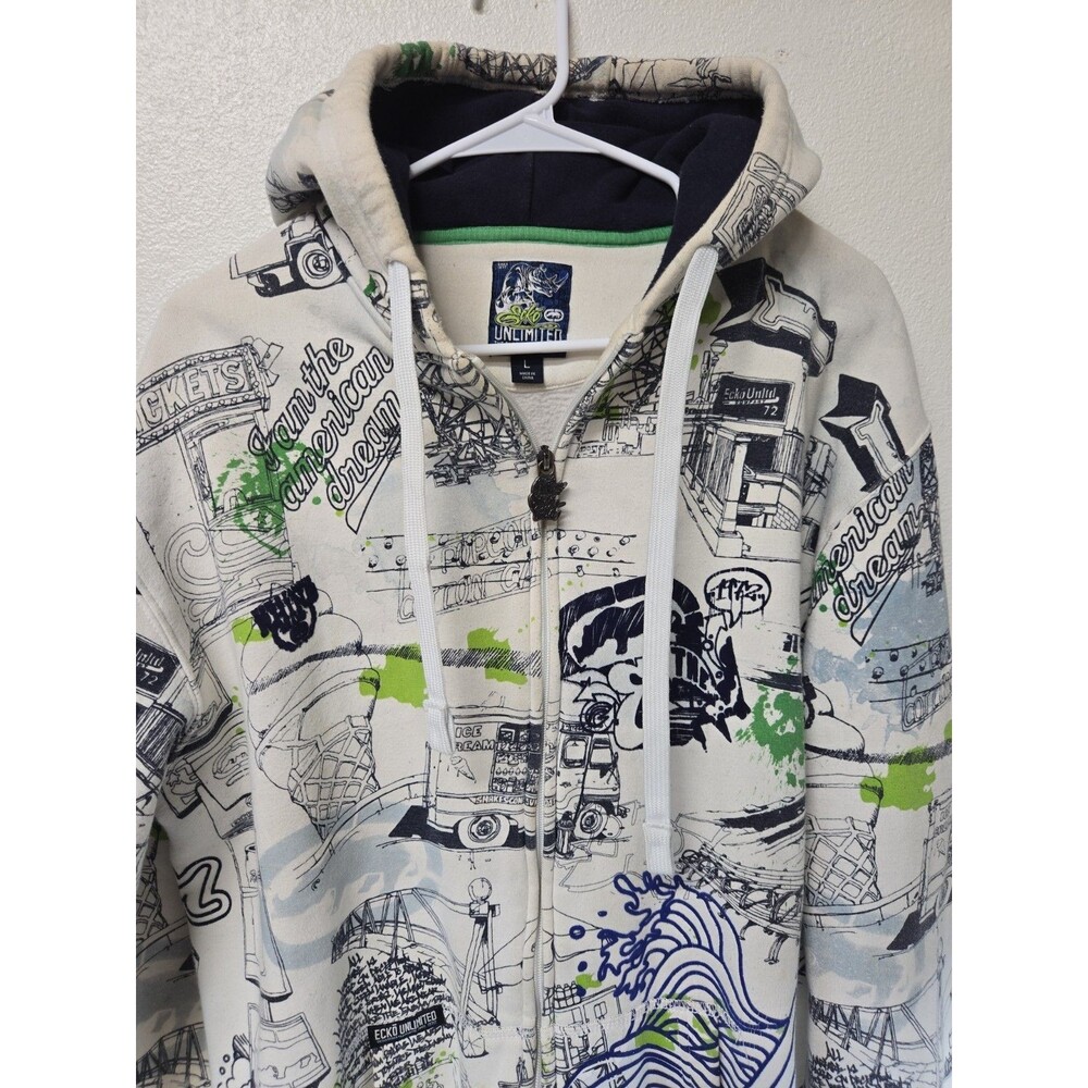Y2K Marc Ecko Unltd Zip Hoodie Graffiti City Escape White L
